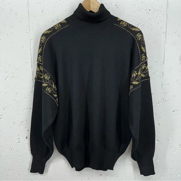 Vintage David Meister Large Wool Blend Black Metallic Gold Turtleneck Sweater - Picture 1 of 15
